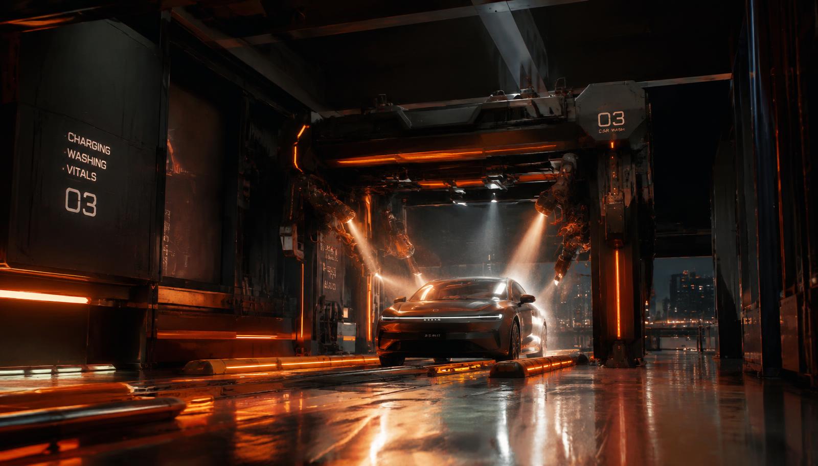 Concept rendering of a robotic charging and washing gantry servicing an autonomous car in a lit depot bay