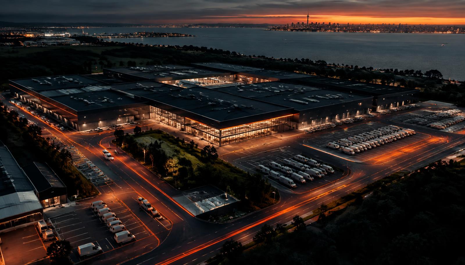 Concept rendering of a Fleetport depot campus at dusk with lit bays and parked autonomous vans
